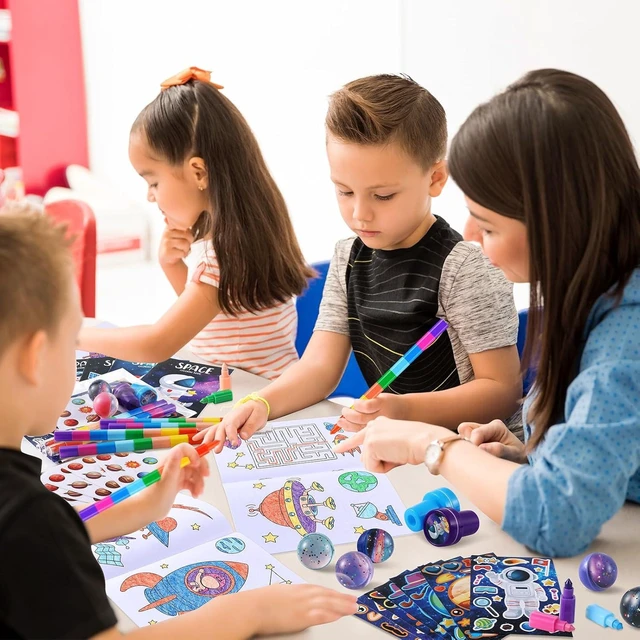 Alt view image 13 of 14 - BenLouis 84Pcs Outer Space Themed Party Favors Space Alien Coloring Books Crayons Sticker Stampers Set Bulk Classroom Prizes for Kids Astronaut Planet Birthday Party Goodie Bags Fillers