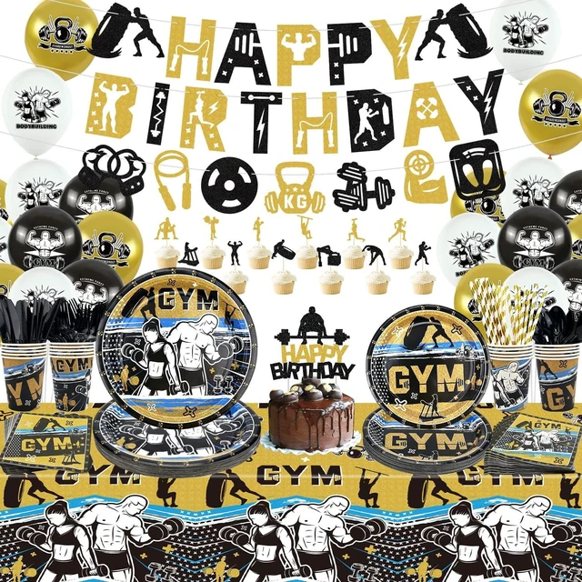 Alt view image 8 of 14 - KEFAN Gym Party Decorations, Gym Birthday Party Supplies Packs, Weight Lifting Sports Fitness Party Supplies including HAPPY BIRTHDAY Banner, Plates, Balloons, Gym Party Set Serves 20 (Banner)