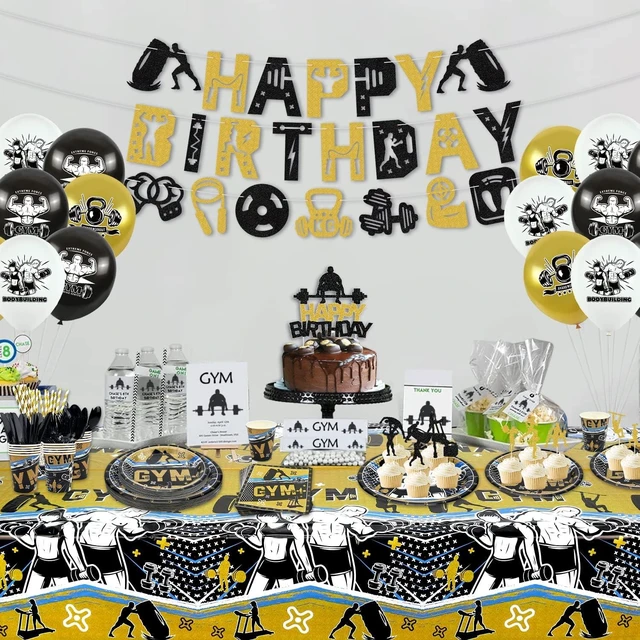 Alt view image 14 of 14 - KEFAN Gym Party Decorations, Gym Birthday Party Supplies Packs, Weight Lifting Sports Fitness Party Supplies including HAPPY BIRTHDAY Banner, Plates, Balloons, Gym Party Set Serves 20 (Banner)