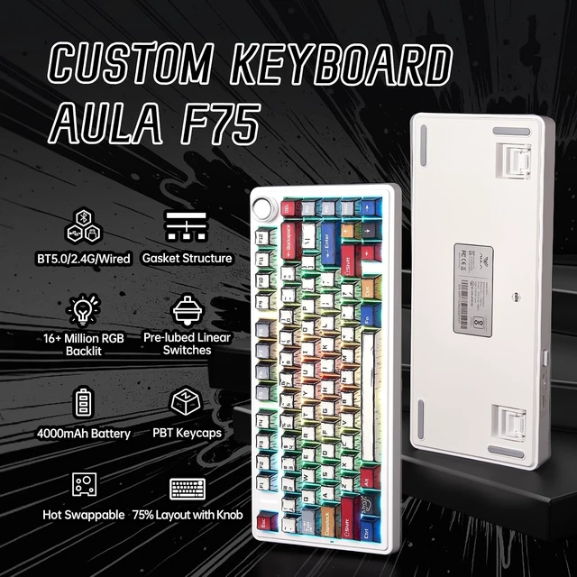 Alt view image 9 of 14 - Aula F75 Wireless Mechanical Keyboard,Creamy Keyboard with RGB Backlit Hot Swappable, 81 Keys 75% Layout Gaming Keyboard, Bluetooth/2.4GHz/Type-C, Creamy Sounding - Reaper Switches