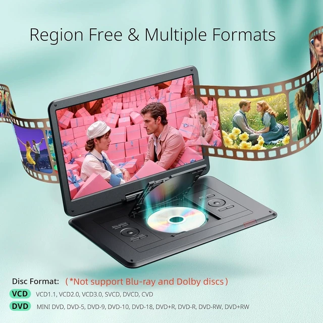 Alt view image 10 of 14 - Yoton 17.5" Portable DVD Player with 15.6" HD Swivel Screen for for Kids Elderly, 6 Hours Working Time with Built-in Battery, Dual Stereo Speakers, USB/SD/TV Sync/Multiple Disc Formats, Black
