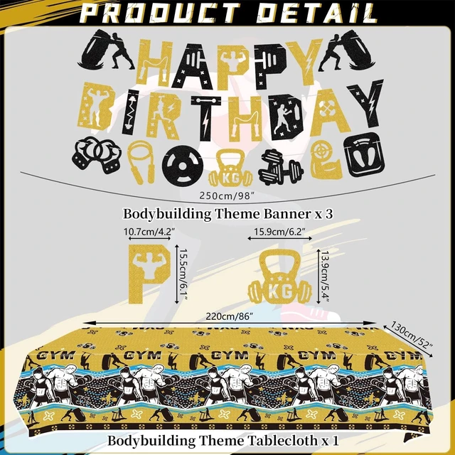 Alt view image 10 of 14 - KEFAN Gym Party Decorations, Gym Birthday Party Supplies Packs, Weight Lifting Sports Fitness Party Supplies including HAPPY BIRTHDAY Banner, Plates, Balloons, Gym Party Set Serves 20 (Banner)