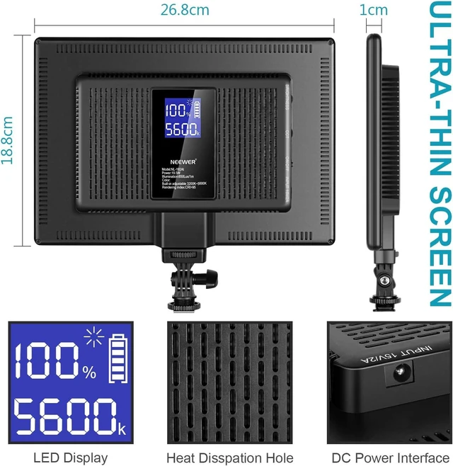 Alt view image 10 of 14 - NEEWER 192 LED Video Light Panel, 20W Ultra Thin Bi Color Dimmable DSLR Camera Soft Light, 4000mAh Lithium Battery, 3200K-5600K CRI97+, Key Lighting for Studio Photography Recording Streaming
