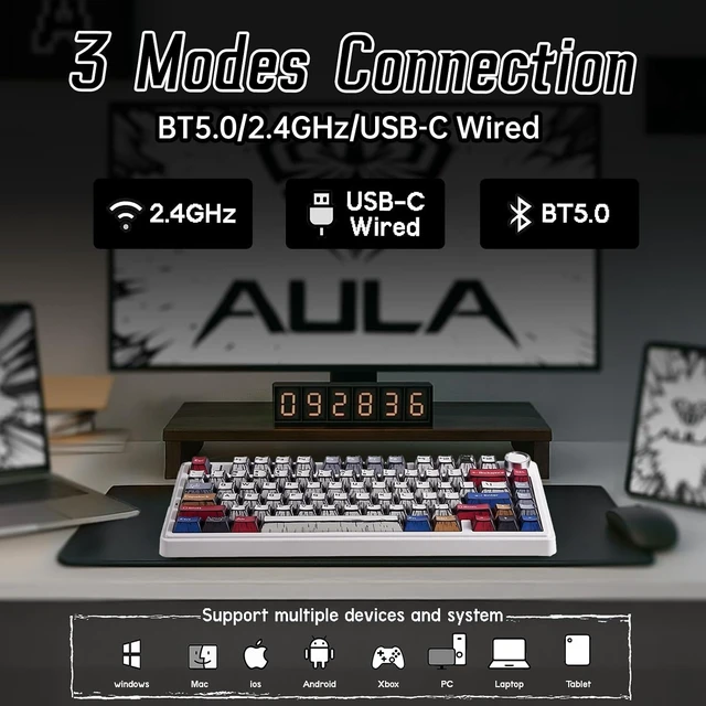 Alt view image 12 of 14 - Aula F75 Wireless Mechanical Keyboard,Creamy Keyboard with RGB Backlit Hot Swappable, 81 Keys 75% Layout Gaming Keyboard, Bluetooth/2.4GHz/Type-C, Creamy Sounding - Reaper Switches