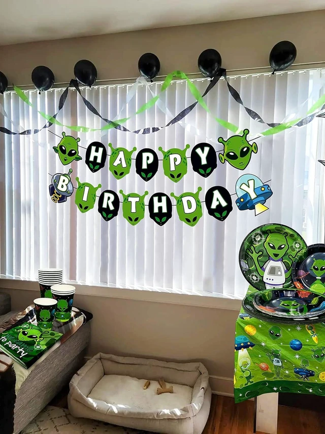 Alt view image 9 of 14 - LaVenty Alien Theme Birthday Decoration Alien Prop Outer Space Party Decorations Alien Banner UFO Theme Birthday Party Supplies