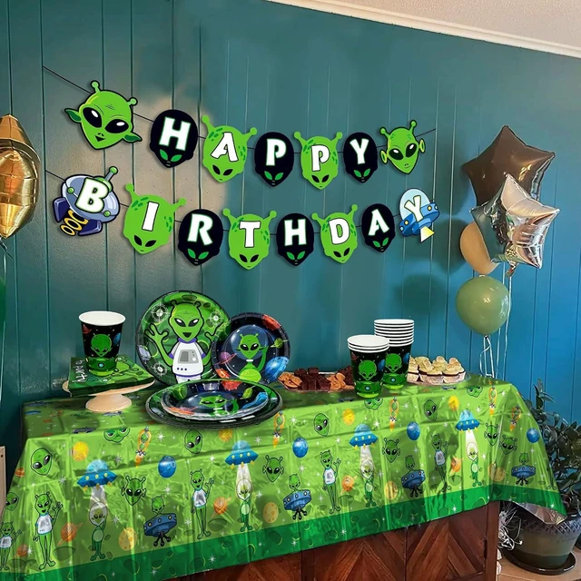 Alt view image 12 of 14 - LaVenty Alien Theme Birthday Decoration Alien Prop Outer Space Party Decorations Alien Banner UFO Theme Birthday Party Supplies