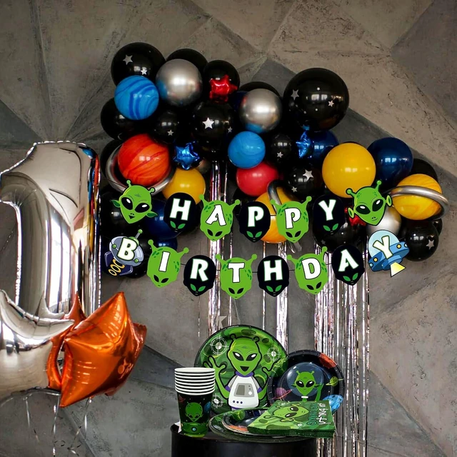 Alt view image 14 of 14 - LaVenty Alien Theme Birthday Decoration Alien Prop Outer Space Party Decorations Alien Banner UFO Theme Birthday Party Supplies