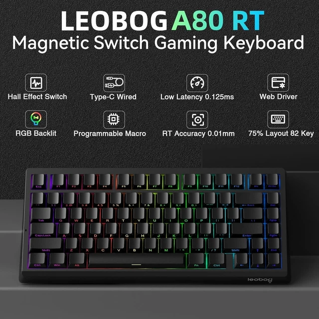 Alt view image 9 of 14 - LEOBOG A80 RT Hall Effect Gaming Keyboard Wired, Rapid Trigger Magnetic Switch Keyboard with 0.01mm RT Adjustable Actuation, 8000Hz Polling Rate, RGB Backlit Mechanical Keyboard 75% for PC Gamer