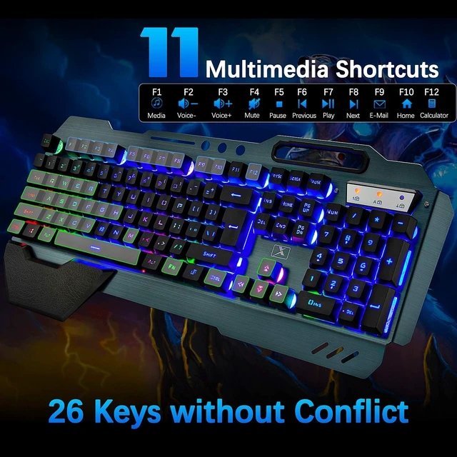 Alt view image 10 of 14 - Wireless Gaming Keyboard and Mouse,Rainbow Backlit Rechargeable Keyboard Mouse with 3800mAh Battery Metal Panel,Removable Hand Rest Mechanical Feel Keyboard and 7 Color Gaming Mute Mice for PC Gamers