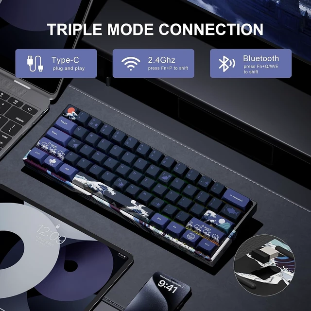 Alt view image 9 of 14 - XVX 60% Gaming Keyboard, RGB 3-Modes Wireless Mechanical Keyboard, Mini 60 Percent Gamer Keyboard with Hot-Swappable Pre-lubed Linear Switch for Windows & Mac (Great Wave Off Kanagawa), M61 Pro