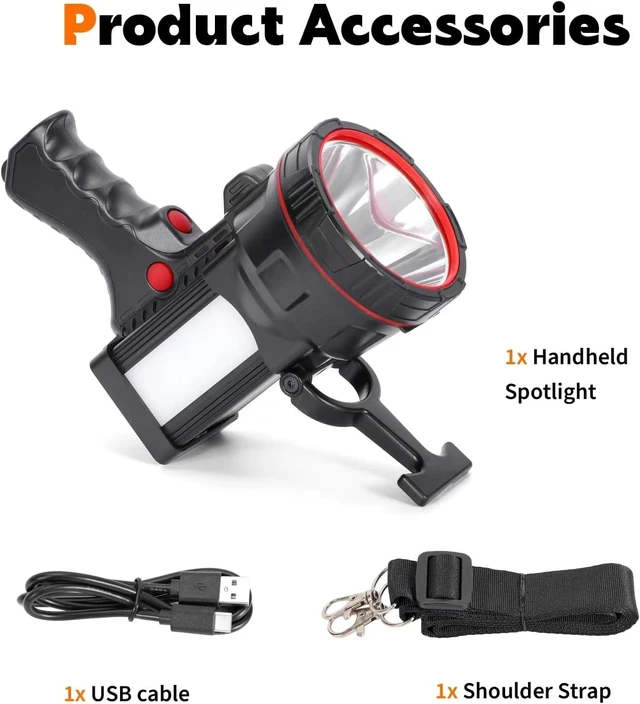 Alt view image 14 of 14 - Super Bright Handheld LED Flashlight, High Lumen Portable Searchlight, USB Rechargeable Torch, Durable Waterproof Emergency Light for Camping, Hiking, Fishing, Night Walking, Power Outages Use
