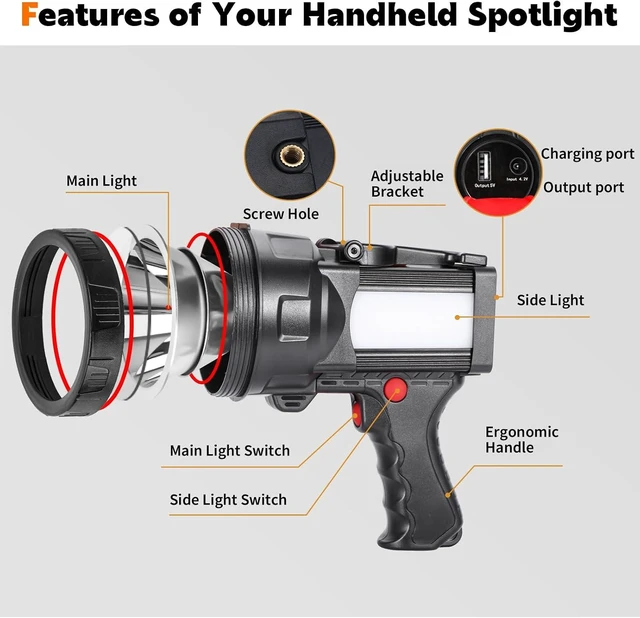 Alt view image 13 of 14 - Super Bright Handheld LED Flashlight, High Lumen Portable Searchlight, USB Rechargeable Torch, Durable Waterproof Emergency Light for Camping, Hiking, Fishing, Night Walking, Power Outages Use