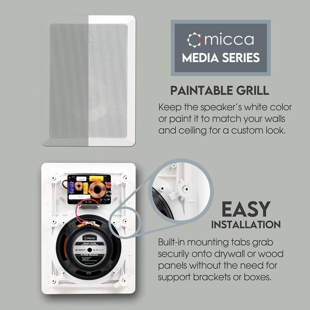 Alt view image 10 of 14 - Micca M-6S 2-Way in-Wall Speaker, 7.3"(W) by 10.7"(H) Cutout, Home Theater, Whole House Audio, Indoor or Covered Outdoor, 6.5" Woofer, 1" Tweeter, White, Paintable, Each