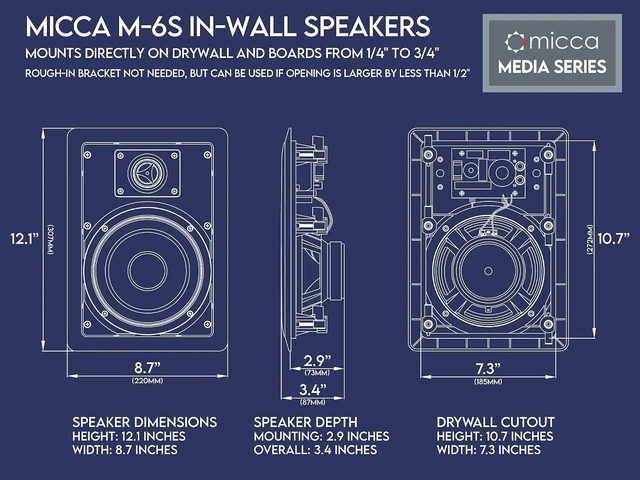 Alt view image 14 of 14 - Micca M-6S 2-Way in-Wall Speaker, 7.3"(W) by 10.7"(H) Cutout, Home Theater, Whole House Audio, Indoor or Covered Outdoor, 6.5" Woofer, 1" Tweeter, White, Paintable, Each