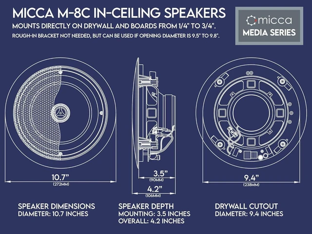 Alt view image 13 of 14 - Micca M-8C 2-Way in-Ceiling Round Speaker, 9.4" Cutout Diameter, Whole House Audio, Home Theater, Indoor or Covered Outdoor, 8" Woofer, 1" Tweeter, White, Paintable, Each