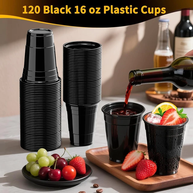 Alt view image 9 of 12 - 120 Pack 16 oz Black Cups, Heavy Duty Black Plastic Cups for Party, Cold Drinks, BBQ, Black Disposable Cups for Christmas, Halloween, Wedding, Birthday, Picnic, Serving and Celebrations