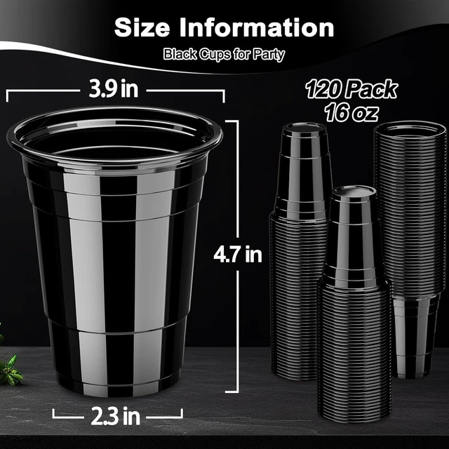 Alt view image 11 of 12 - 120 Pack 16 oz Black Cups, Heavy Duty Black Plastic Cups for Party, Cold Drinks, BBQ, Black Disposable Cups for Christmas, Halloween, Wedding, Birthday, Picnic, Serving and Celebrations