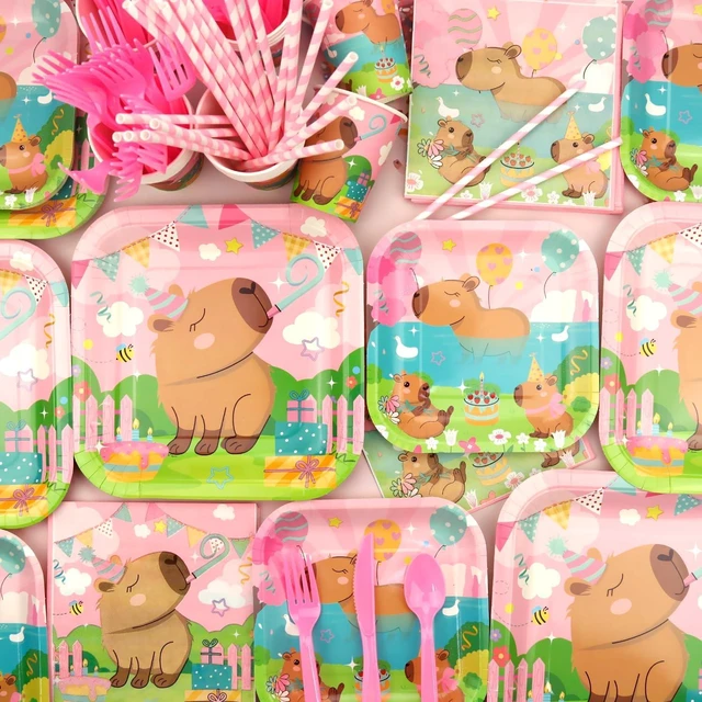Alt view image 12 of 14 - Pink Capybara Birthday Party Decorations - Capybara Party Supplies including Banner, Plate, Cake Topper, Cup, Napkin, Balloon, Tablecloth - Serves 20