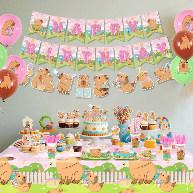 Alt view image 13 of 14 - Pink Capybara Birthday Party Decorations - Capybara Party Supplies including Banner, Plate, Cake Topper, Cup, Napkin, Balloon, Tablecloth - Serves 20