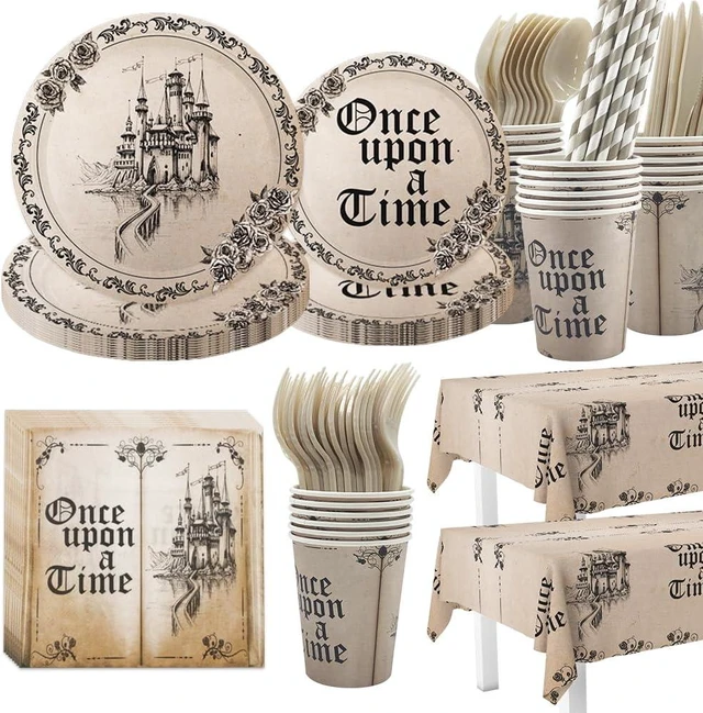 Alt view image 8 of 14 - AIBIIN Fairytale Party Decorations Once Upon a Time Birthday Party Supplies Dinnerware Tableware Set Castle Opening Book Paper Plates Supplies for Birthday Baby Shower Decorations Serve 24
