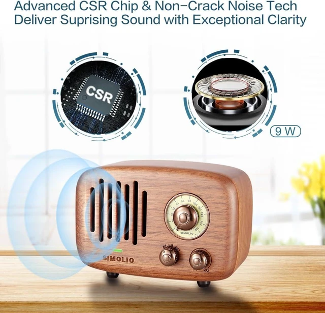Alt view image 9 of 14 - SIMOLIO Retro Bluetooth Speakers with Loud HD Sound, Nature Black Walnut Vintage Style Wooden Speaker with FM Radio & AUX in, Advanced CSR Chip, Portable Bluetooth Speaker for Home Office Decorations