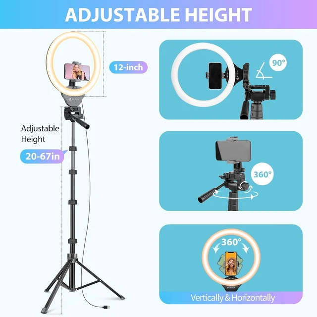 Alt view image 12 of 12 - Sensyne 12-inch Ring Light with 67-inch Selfie Stick, Tripod and Phone Holder, Selfie Remote Control Circle Light for Live Stream/Video Recording/TikTok, Compatible with All Phones and Cameras