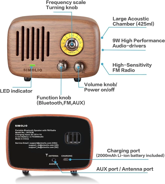 Alt view image 10 of 14 - SIMOLIO Retro Bluetooth Speakers with Loud HD Sound, Nature Black Walnut Vintage Style Wooden Speaker with FM Radio & AUX in, Advanced CSR Chip, Portable Bluetooth Speaker for Home Office Decorations