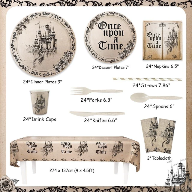 Alt view image 9 of 14 - AIBIIN Fairytale Party Decorations Once Upon a Time Birthday Party Supplies Dinnerware Tableware Set Castle Opening Book Paper Plates Supplies for Birthday Baby Shower Decorations Serve 24