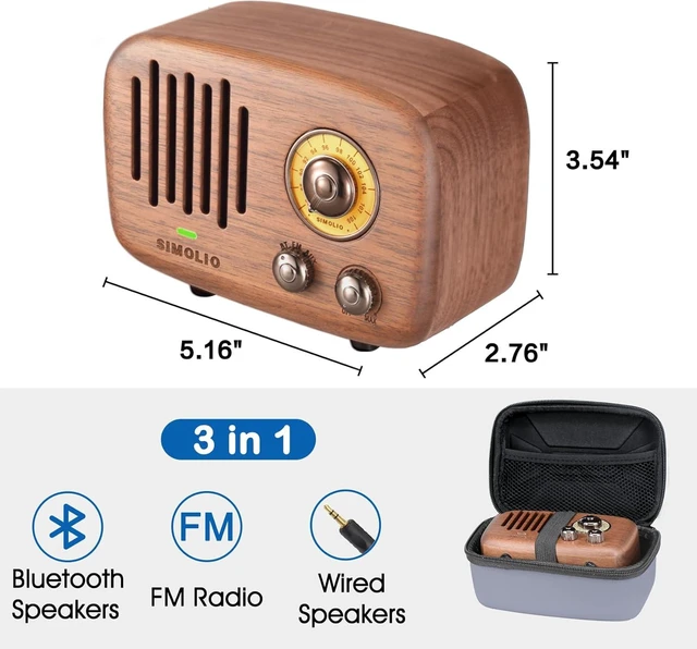 Alt view image 11 of 14 - SIMOLIO Retro Bluetooth Speakers with Loud HD Sound, Nature Black Walnut Vintage Style Wooden Speaker with FM Radio & AUX in, Advanced CSR Chip, Portable Bluetooth Speaker for Home Office Decorations