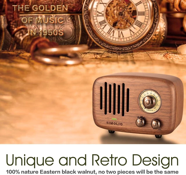 Alt view image 14 of 14 - SIMOLIO Retro Bluetooth Speakers with Loud HD Sound, Nature Black Walnut Vintage Style Wooden Speaker with FM Radio & AUX in, Advanced CSR Chip, Portable Bluetooth Speaker for Home Office Decorations