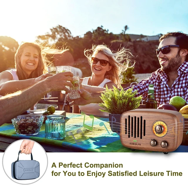 Alt view image 13 of 14 - SIMOLIO Retro Bluetooth Speakers with Loud HD Sound, Nature Black Walnut Vintage Style Wooden Speaker with FM Radio & AUX in, Advanced CSR Chip, Portable Bluetooth Speaker for Home Office Decorations
