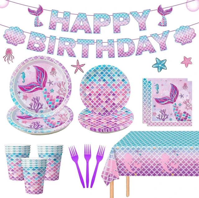 Alt view image 8 of 14 - 122Pcs Mermaid Birthday Party Decorations Set Mermaid Party Supplies Includes Plates, Napkin, Fork, Cup, Tablecloth, Banner for Baby Shower Ocean Birthday Party Decorations, Serves 24