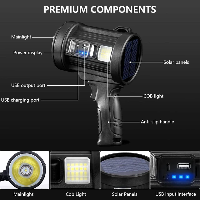 Alt view image 11 of 14 - MIXILIN Rechargeable Spotlight, 2,000,000 Lumens Handheld Hunting Flashlight Led Spot Light with Cob Light and Solar Panels, Lightweight and Super Bright Spotlight for Hunting Boating Camping