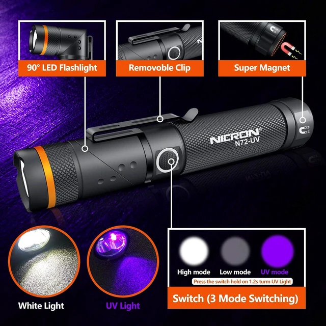 Alt view image 10 of 14 - NICRON UV Flashlight, N72-UV 800LM White Light, Freely Switch Between White Light and UV Light Detector for Dog Urine, Wet Stains Bed Bugs,Camping, Outdoor,Maintain (18650/AAA Not Included)
