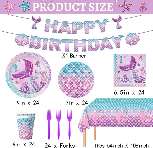 Alt view image 9 of 14 - 122Pcs Mermaid Birthday Party Decorations Set Mermaid Party Supplies Includes Plates, Napkin, Fork, Cup, Tablecloth, Banner for Baby Shower Ocean Birthday Party Decorations, Serves 24