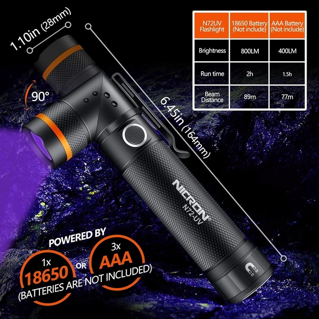 Alt view image 9 of 14 - NICRON UV Flashlight, N72-UV 800LM White Light, Freely Switch Between White Light and UV Light Detector for Dog Urine, Wet Stains Bed Bugs,Camping, Outdoor,Maintain (18650/AAA Not Included)