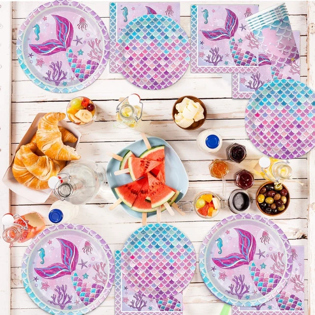 Alt view image 12 of 14 - 122Pcs Mermaid Birthday Party Decorations Set Mermaid Party Supplies Includes Plates, Napkin, Fork, Cup, Tablecloth, Banner for Baby Shower Ocean Birthday Party Decorations, Serves 24