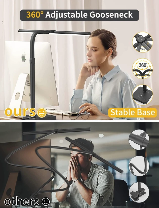 Alt view image 14 of 14 - AKRRYR LED Desk Lamp for Home Office, Double Head 24W with Base, Architect Light 5 Lighting Brightness Flexible Gooseneck Table Reading Study, Black