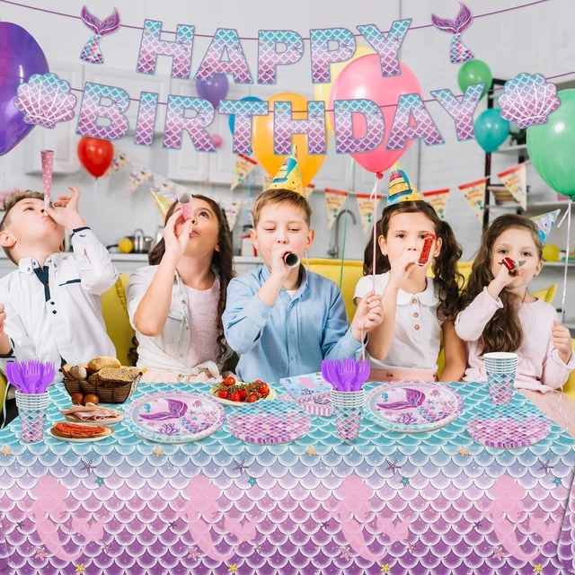 Alt view image 13 of 14 - 122Pcs Mermaid Birthday Party Decorations Set Mermaid Party Supplies Includes Plates, Napkin, Fork, Cup, Tablecloth, Banner for Baby Shower Ocean Birthday Party Decorations, Serves 24