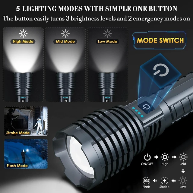 Alt view image 12 of 14 - Weoxi Super Bright Rechargeable Flashlights 2400.000 High Lumen, Powerful LED Flashlight, IPX7 Waterproof Floodlight & Spotlight Flashlight 2-in-1 W/5 Modes for Camping, Emergency, Search & Rescue