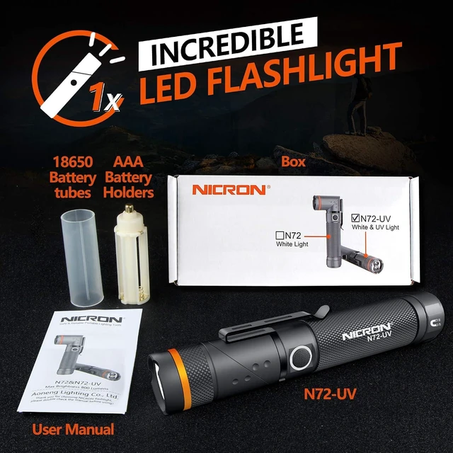 Alt view image 14 of 14 - NICRON UV Flashlight, N72-UV 800LM White Light, Freely Switch Between White Light and UV Light Detector for Dog Urine, Wet Stains Bed Bugs,Camping, Outdoor,Maintain (18650/AAA Not Included)