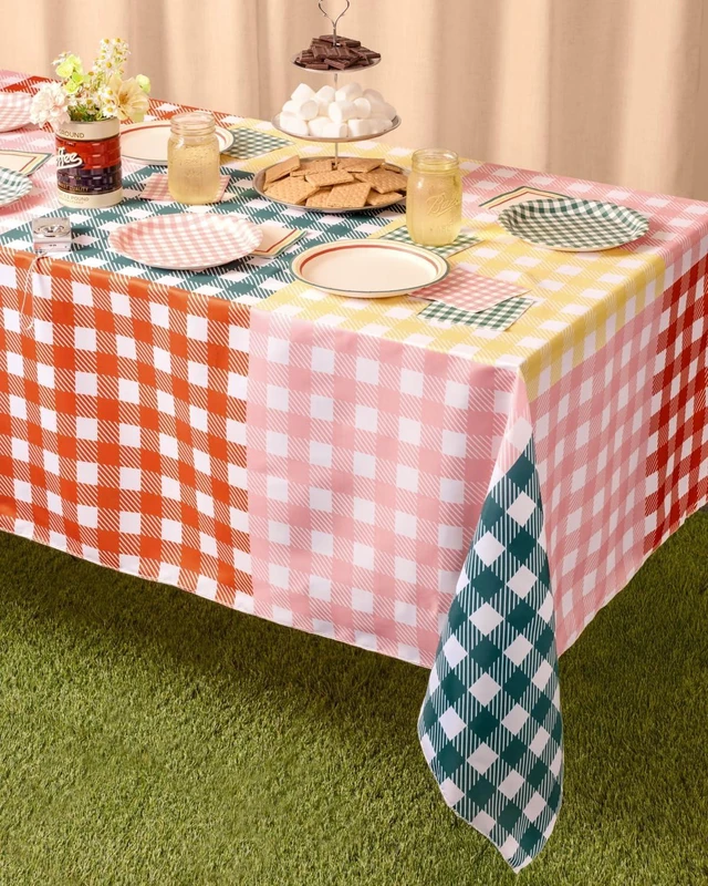 Alt view image 13 of 14 - xo, Fetti Gingham Checkered Washable Tablecloth - 9ft. | Camp Bachelorette Party Supplies, Getting Lit + Getting Hitched, Glamping Birthday Party Decorations, Pastel Baby Shower, Cute Tableware