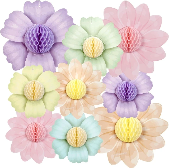 Alt view image 7 of 12 - Paper Jazz 9PCS Paper Flowers Party Decorations,Pastel Honeycomb Butterfly Party Decoration,Fairy Birthday Party Decoration for Garden Tea Party Floral Baby Shower.