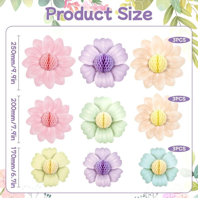 Alt view image 8 of 12 - Paper Jazz 9PCS Paper Flowers Party Decorations,Pastel Honeycomb Butterfly Party Decoration,Fairy Birthday Party Decoration for Garden Tea Party Floral Baby Shower.