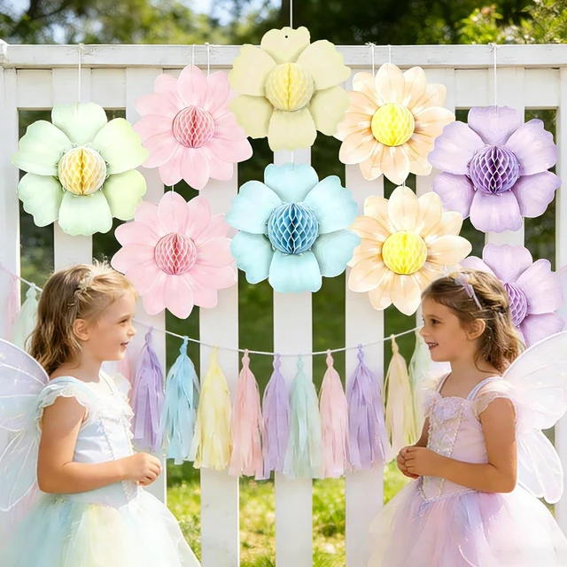 Alt view image 11 of 12 - Paper Jazz 9PCS Paper Flowers Party Decorations,Pastel Honeycomb Butterfly Party Decoration,Fairy Birthday Party Decoration for Garden Tea Party Floral Baby Shower.