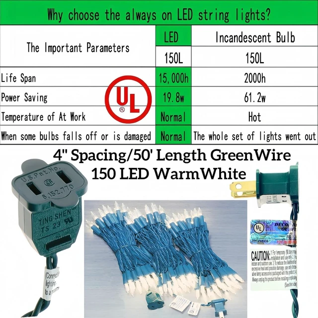 Alt view image 11 of 14 - 150 LED Warm White Christmas Lights, UL Certified 22# Green Wire 50 Ft, Commercial Grade Decorative Lighting String, for Indoor and Outdoor Use.