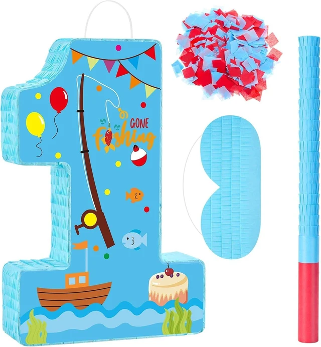 Alt view image 8 of 14 - Lewtemi Fishing Number 1 Piñata for 1nd Birthday Party Decorations Birthday Piñata with Stick Eye Mask Baby Shower Decorations Party Supplies