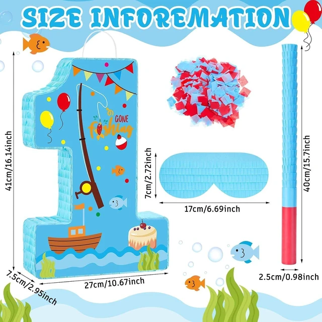 Alt view image 9 of 14 - Lewtemi Fishing Number 1 Piñata for 1nd Birthday Party Decorations Birthday Piñata with Stick Eye Mask Baby Shower Decorations Party Supplies