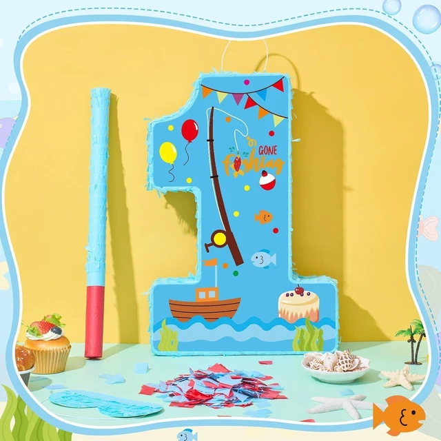 Alt view image 14 of 14 - Lewtemi Fishing Number 1 Piñata for 1nd Birthday Party Decorations Birthday Piñata with Stick Eye Mask Baby Shower Decorations Party Supplies