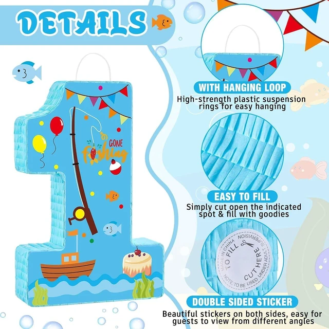 Alt view image 11 of 14 - Lewtemi Fishing Number 1 Piñata for 1nd Birthday Party Decorations Birthday Piñata with Stick Eye Mask Baby Shower Decorations Party Supplies